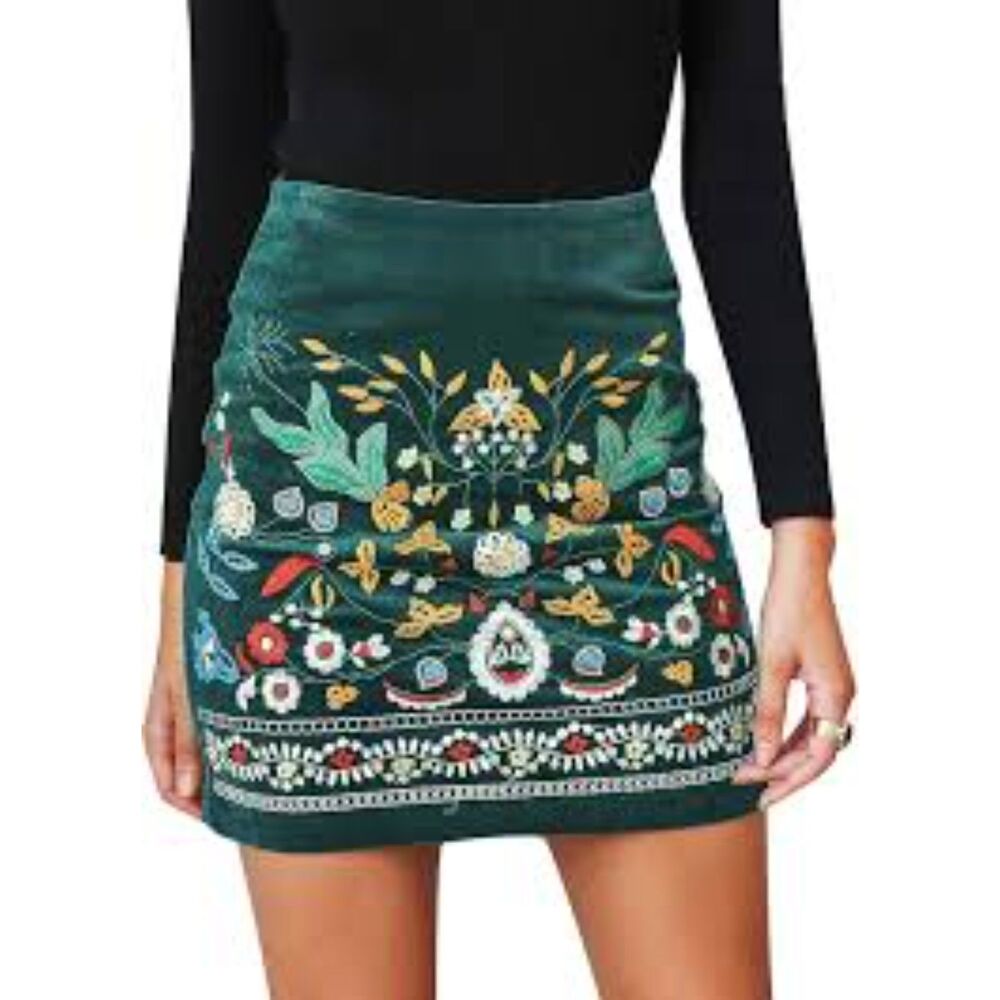 Simplee Skirt Green Corduroy Embroidered Southwest Boho Bohemian Mini Size XL
